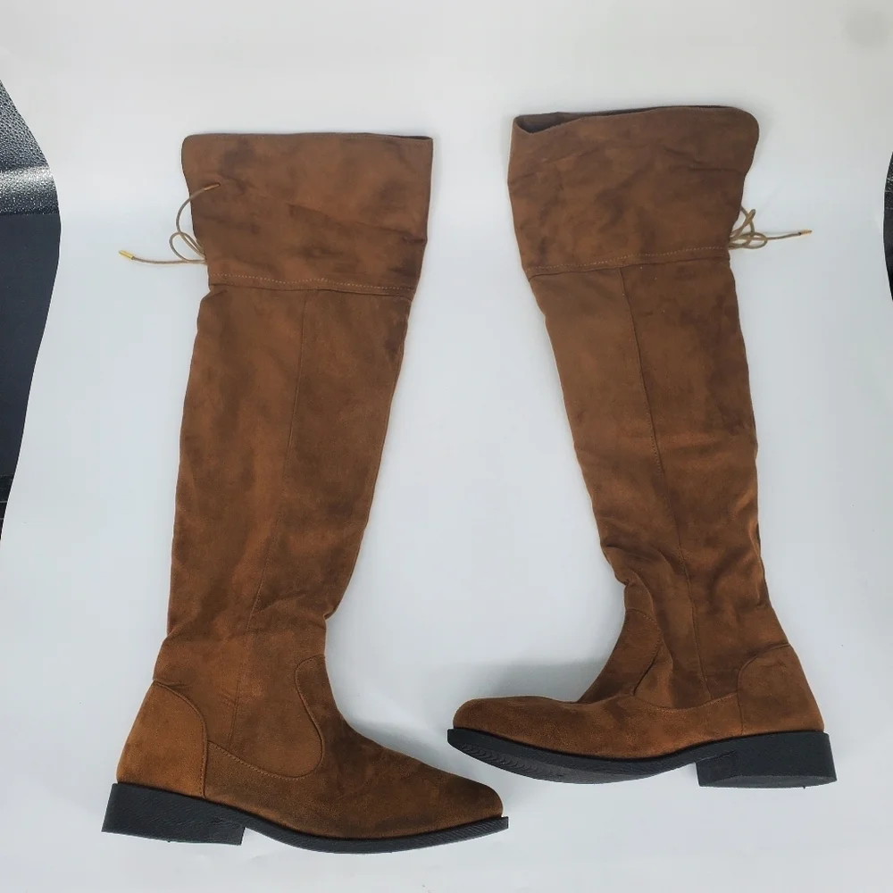 Qupid Over The Knee Boots OTK Brown Camel Faux Suede Flat Thigh High W 10 Shoes